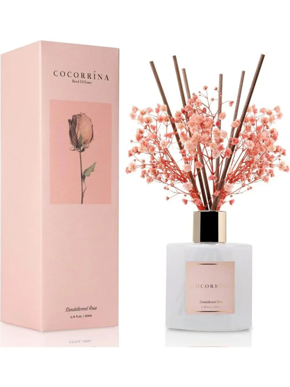 Reed Diffuser Set with Baby's Breath & Cotton Sticks - Sandalwood Rose Scent